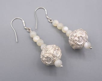 Creamy mother of pearl earrings , decorated silver bead, long earrings, 925 silver