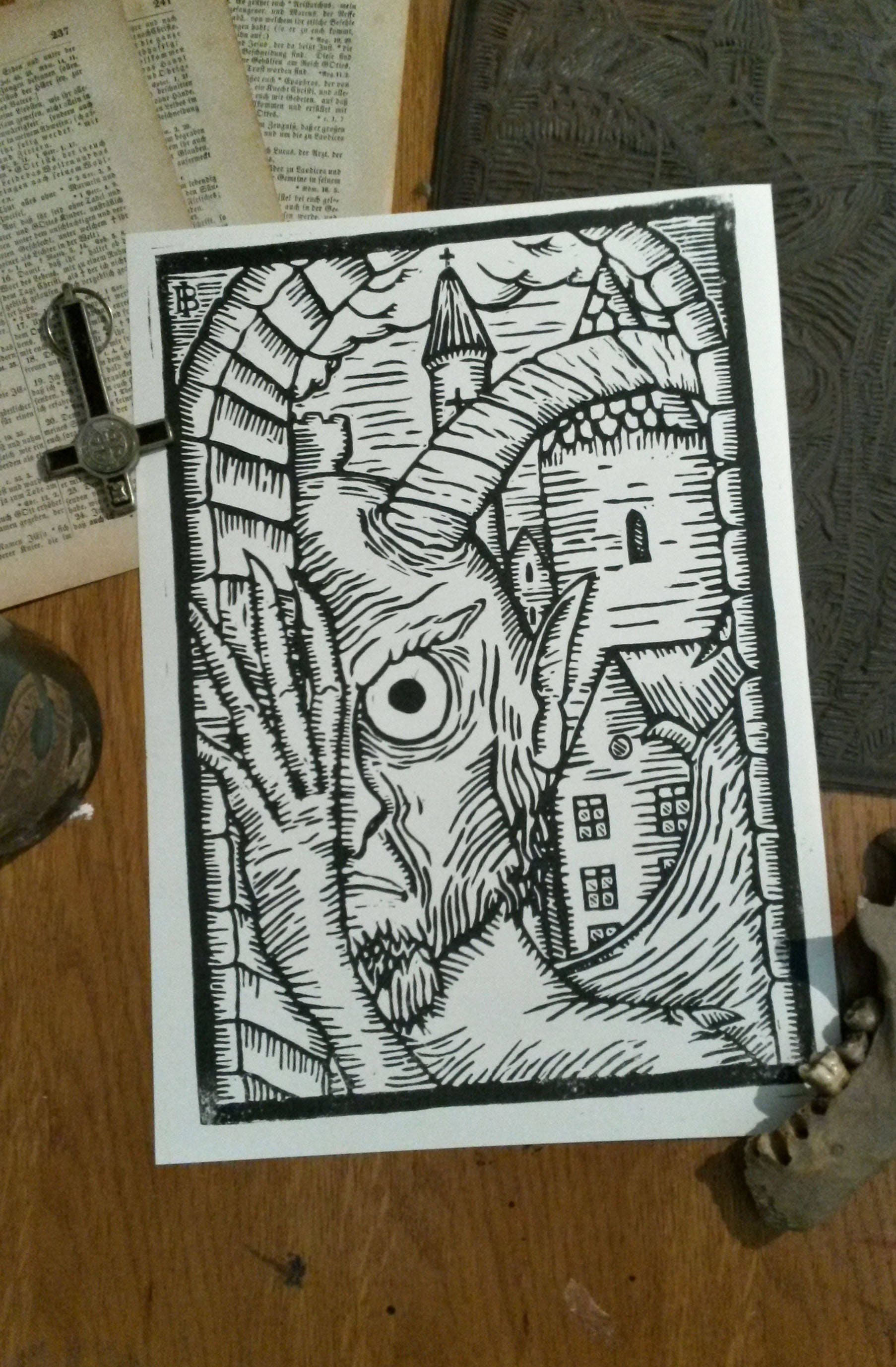 The devil round the corner / / linocut