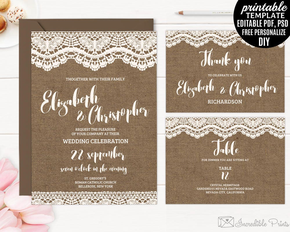 Burlap and Lace Wedding Invitations Template. Printable Set