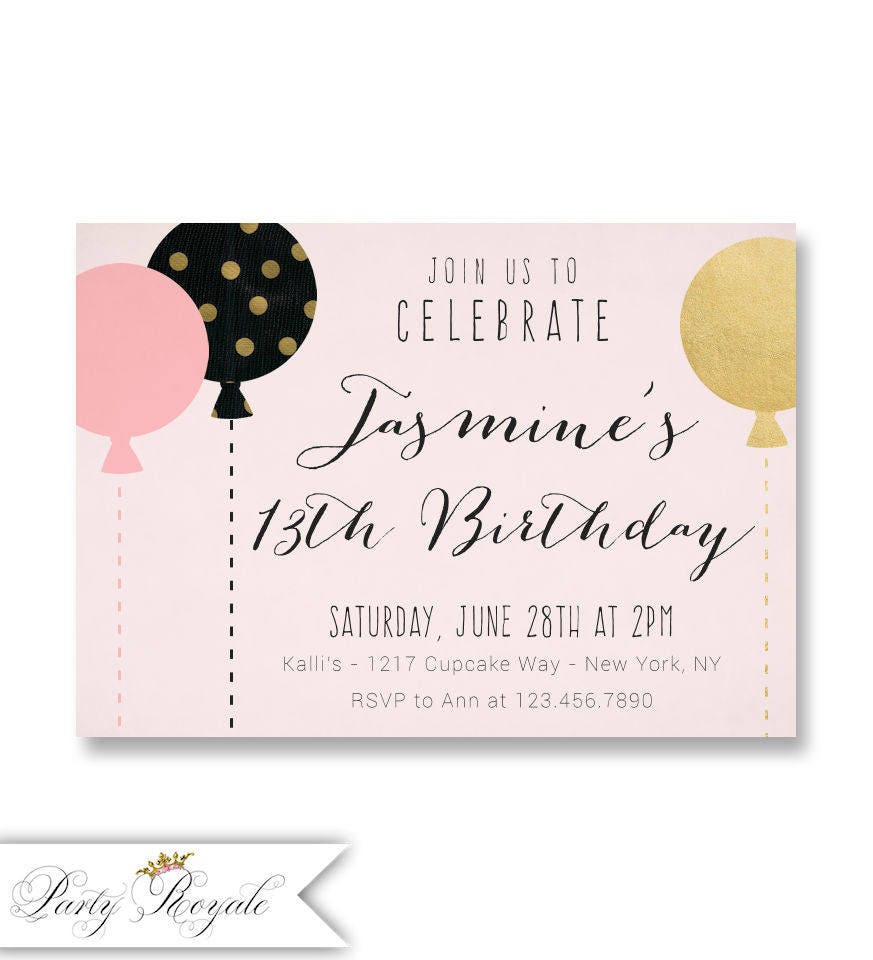 Pink and Gold 13th Birthday Invitations for Teenage Girls