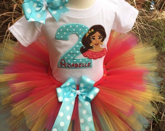 Elena of Avalor Birthday Tutu Outfit Dress Set Handmade 1st 2nd 3rd in Red Aqua Yellow and Hot Pink