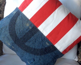 Cushion Cover Hemp Linen, Up-cycled Coffee Bean Bag Red White and Blue