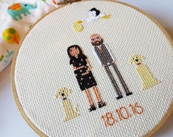 Cross Stitch Family - Wedding Cross Stitch Hoop - Cotton Anniversary - Wedding Gift - Anniversary Gift - Cross Stitch Portrait - Custom