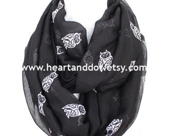 black owl scarf, owl infinity scarf, gift for her, for women, scarf for her, scarf for women, christmas gifts, animal print scarf, for him