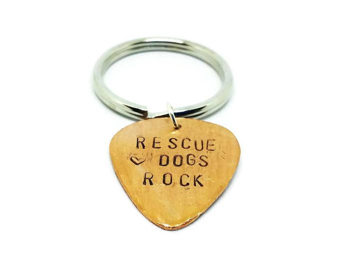 Copper Guitar Pick Hand Stamped Key Chain, Rescue Dogs Rock Key Chain, Dog Lover Key Chain, Copper Keychain, Guitar Pick Key Chain