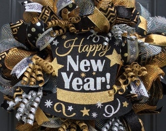 New Year Wreath-New Year's Eve Wreath- Celebtation Wreath-New Year's Eve Mesh Wreath-New Year's Mesh Wreath
