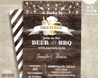 Baby is brewing invitation, Baby shower invite, Beer & BBQ shower, Printable Rustic wood invitation, Self Editable PDF File A259