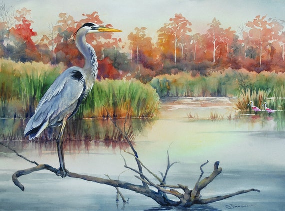 Great blue heron Louisiana marsh bird watercolor print