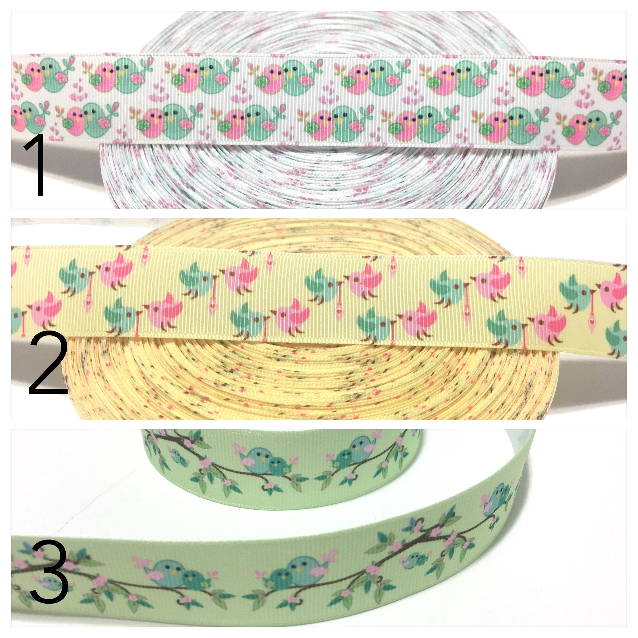 1" Birds Ribbon, Bird Ribbon, Birds Grosgrain Ribbon by the yard from
