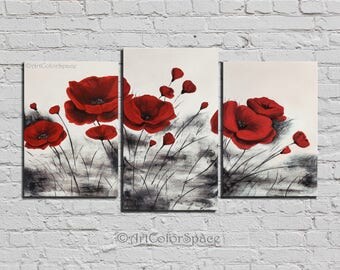 Abstract painting Red poppies flower Oil painting on canvas Abstract art Impasto painting Gift Textured palette knife Size 44x24" (110x60cm)