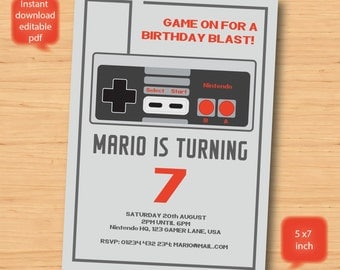 Nintendo game birthday invitation personalised - SELF EDITABLE PDF - 5 x 7 inch Customisable Printable Party Invite - Instant Download