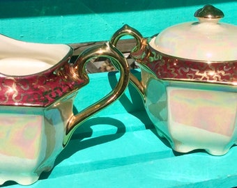 Pretty In Pink-and Red-Sadler Iridescent Lustre Creamer and Sugar Bowl