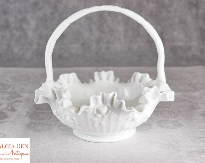 Milk Glass Bridal Basket | Fenton White Rose Basket | Vintage Wedding Decor