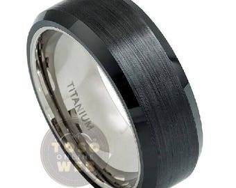 mens 8mm beveled edge polish titanium wedding band ring w brushed black ceramic center overlay - Mens Black Titanium Wedding Rings mens 8mm beveled edge polish titanium wedding band ring w brushed black ceramic center overlay - Mens Black Titanium Wedding Rings