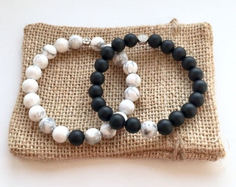 Couples Bracelet Set or Stacking with Contrasting Howlite & Matte Black Onyx Girlfriend Boyfriend Custom Fit Made In UK