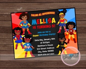 African American Super Girls Party Invitation, Super Girls Invitation, Superhero Girls Birthday Invitation, Superheroes Girls, Digital File