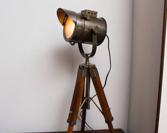 BULB INCLUDED Industrial Vintage Movie Style Desk Lamp. Floor standing Tripod Spot Light Retro Nautical Cinema spotlight. art deco steampunk