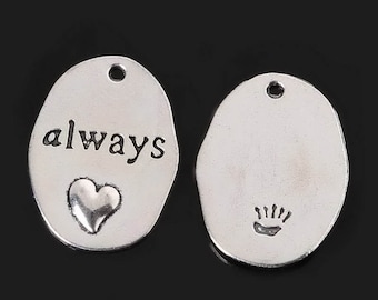 6 Heart Charms Antique Silver Tone With Always Inscribed #843