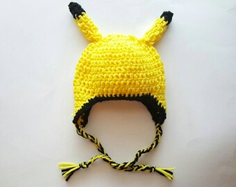 Pikachu Pokemon Inspired Hat, Crochet Baby Hat, Crochet Toddler Hat, Crochet Adult Hat, Pikachu Dress Up, Pikachu Costume, Yellow