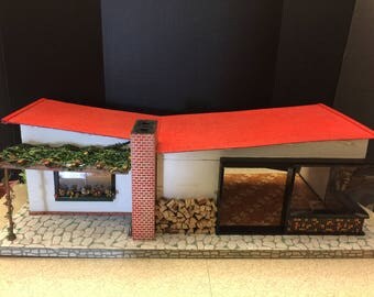 Mortiz Gottschalk Vintage German Dollhouse | Rare MCM 1963 Butterfly Roof Bungalow | Pergola, Fireplace, Mosaic Tile | Mid Century Modern