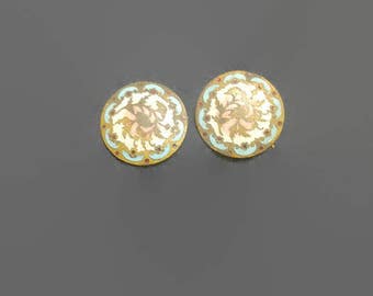 Buttons Pair antique enameled brass soldered shank marked paris