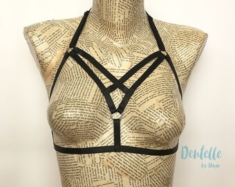 Open Cup Harness bra Bel | Black V-strap Cage bra adjustable straps | Burlesque bra top | Elastic harness bra | Body Harness