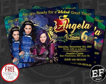 Descendants invitations for Girls, Descendants birthday invitation, Disney Descendants invitation, Descendants printable invitation. Girls