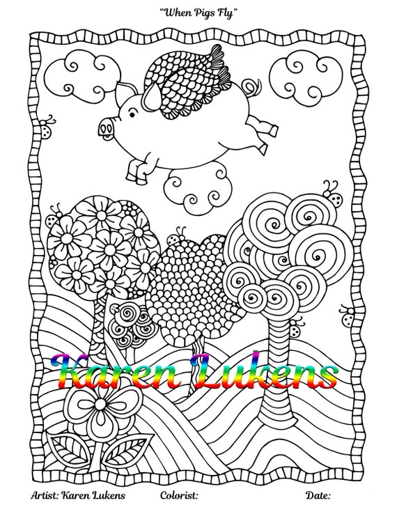 When Pigs Fly 1 Adult Coloring Book Page Printable Instant