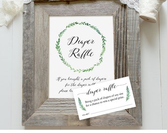 Diaper Raffle Printable, Baby Shower Games, Diaper Raffle Ticket and Sign, Instant Download, Rustic Green Wreath, Digital PDF #013DR