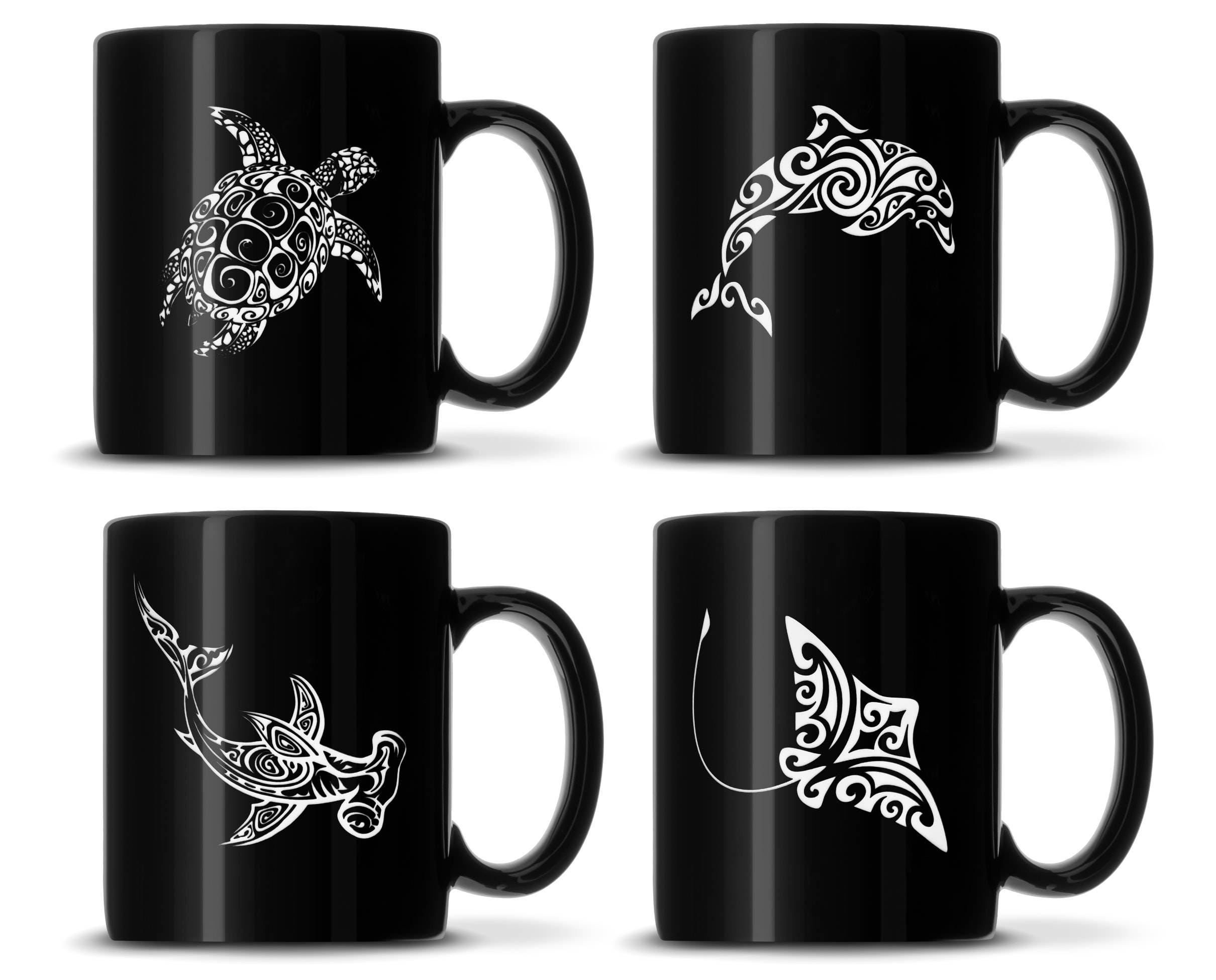 Set of 4, Etched Coffee Mugs, Black, Tribal Sea Turtle, Dolphin, Hammerhead Shark, Stingray, Sand Carved by Integrity Bottles