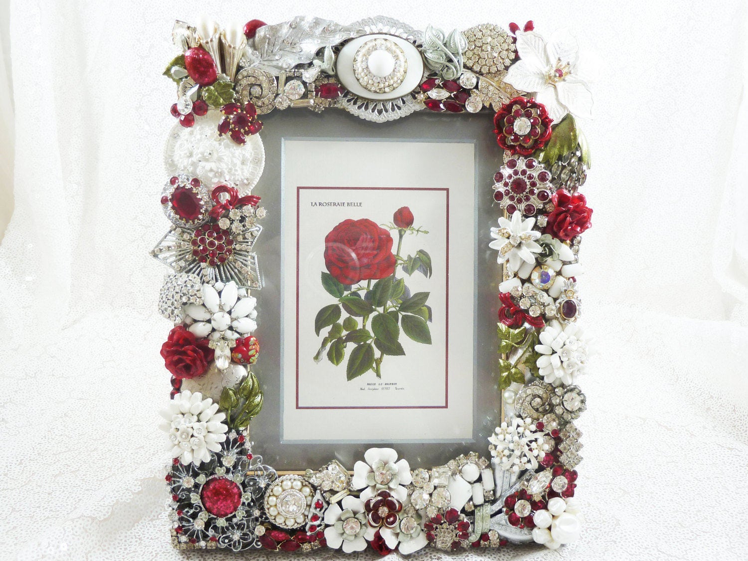 Dazzling Jeweled Picture Frame Red White Vintage Jewelry