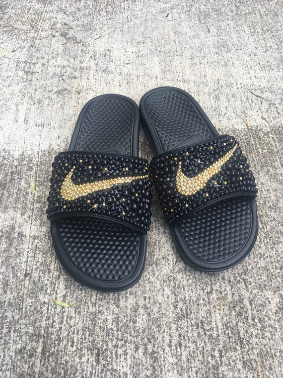 Black and Gold Bedazzled Nike Slides