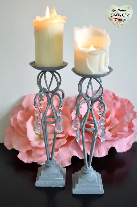 Pair Candlestick Candle Holders Metal Grey Bead Acrylic