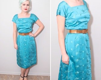 1960s Aqua Blue Silk Brocade Short Sleeve Button Up Back Wiggle Dress | Size Medium