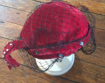 Red velvet hat with netting embellished steampunk cosplay costume renaissance vintage