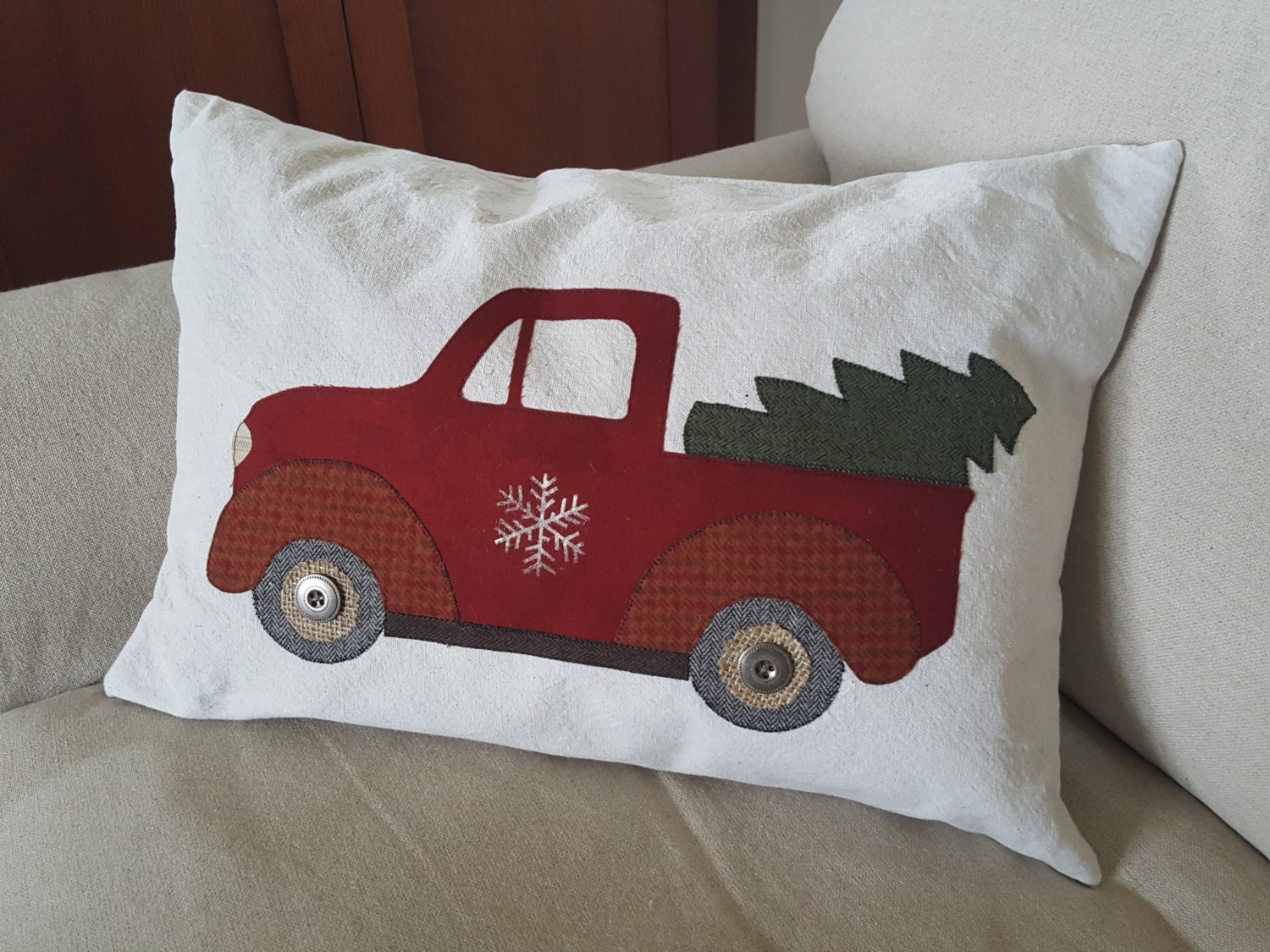 The Vintage Christmas Truck Pillow by Thimblewood on Etsy