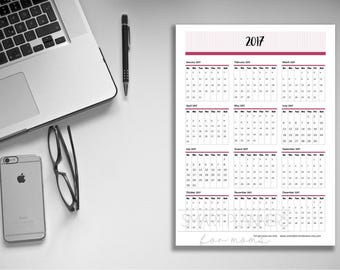 Printable 2017 Calendar at a glance. US Letter Size, 8.5"x11". Portrait. Quick reference calendar. Instant download. PDF format. 300dpi