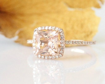 6mm Princess Cut Morganite Ring 14k Rose Gold Ring Morganite Engagement Ring Rose Gold Bridal Wedding Ring Diamond Ring Anniversary Ring