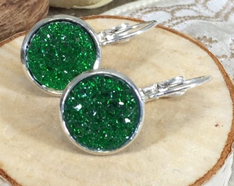Green Druzy Earrings - Drusy Earrings - Leverback Earrings - Druzy Jewelry - Green Earrings - Gift for Mom - Christmas Earrings - Gifts -