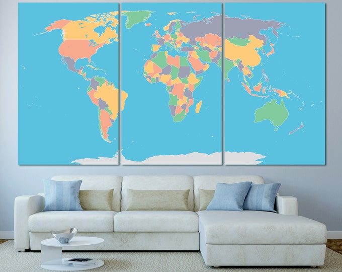 Large colorful push pin world map with country borders, Travel world map Large canvas push pin world travel map Political wolrd map canvas