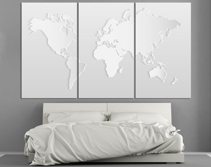 Light Grey World Map Print Canvas Panels, Modern Silver World Map, Big World Map \ 1,3,4 or 5 Panels on Canvas Wall Art for Interior design