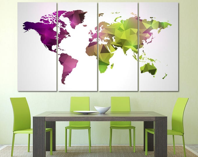 Geometric purle and green Print Canvas Set Modern world map, Abstract World Map Wall Art 3 or 5 Panels Wall Art for Home & Office Decoration