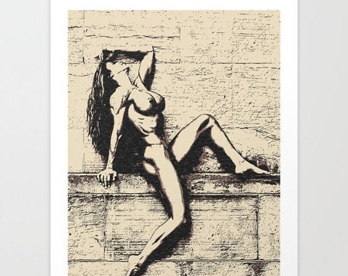Erotic Art Giclée Print - At the edge, sensual nude, seducing woman naked sketch, high quality tempting artwork, high resolution at 300dpi
