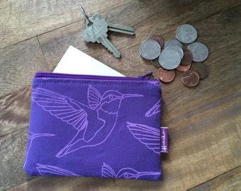 Hummingbird Wallet - Wallet - Zipper Wallet - Screen Printed Hummingbird - Purple