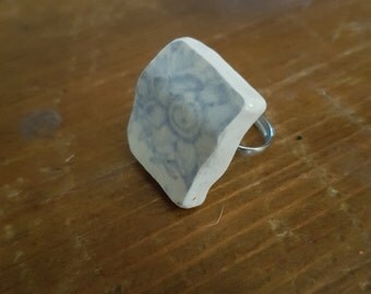 Broken china ring pale blue flower adjustable ring
