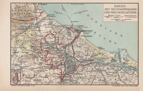 Antique German of Danzig Map Gdansk Danzig Map of Danzig