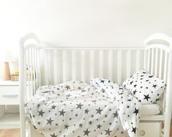 SALE Baby Bedding - Nursery Bedding Set - Black Stars Bedding - Baby Bedding Crib - Unique Bed Clothing - Handmade - Black And White