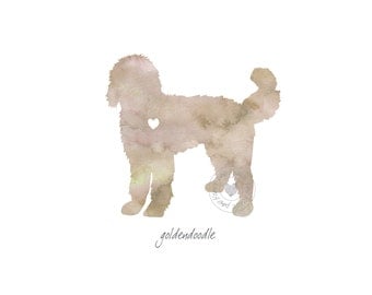 Goldendoodle Dog Watercolor Painting Digital Art Print Silhouette Custom Wall Decor, Home, Office, Nursery, Room Decor