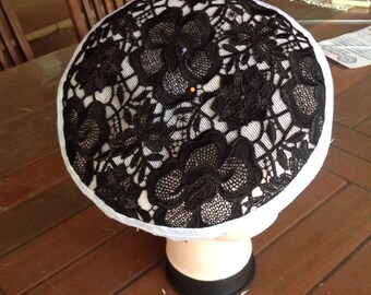tblack and white lace saucer hat
