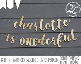 ONEderful banner with custom name, 1st birthday, glitter party decorations, cursive banner